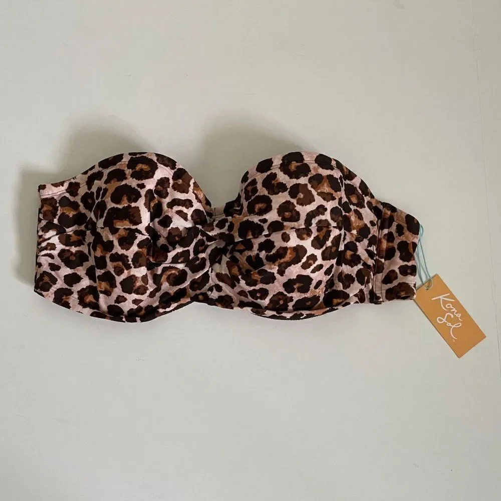 Kona Sol Swim Top Bandeau‎ Animal Print Leopard Plus Womens